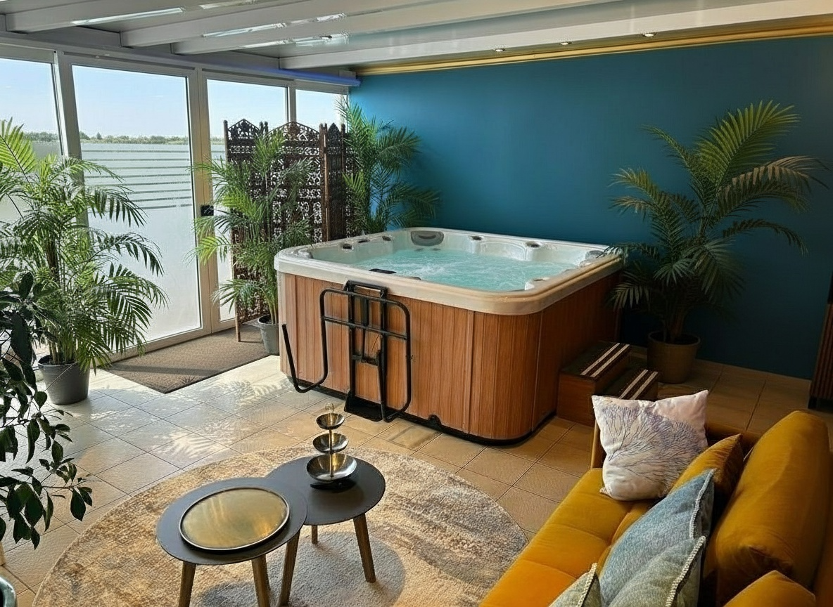 Retire le radiateur à droite et retire le support noir en metal sur le coté dujacuzzi qui sert à supporter le couvercle normalement.